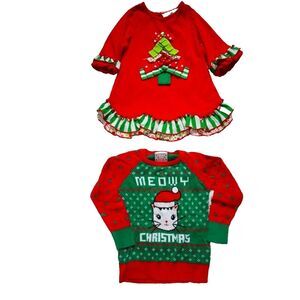 Lot of 2 Girls Christmas Tops 2T Ugly sweater Holiday Dress Cat Christmas Tree